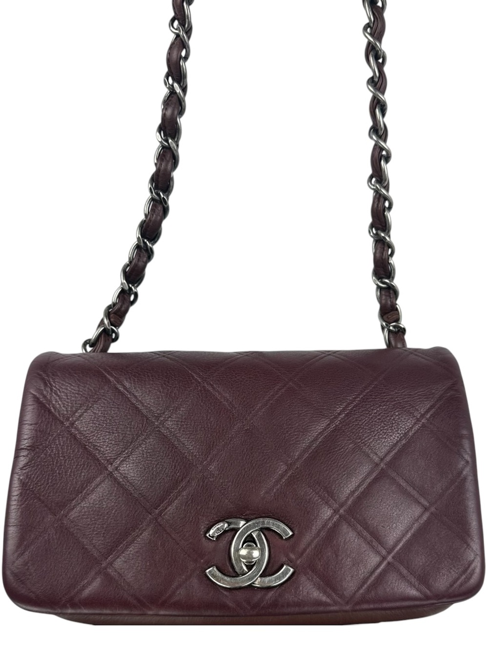 Chanel Burgundy Calfskin Flap Bag Silver Hardware Quilted Leather CC TLock